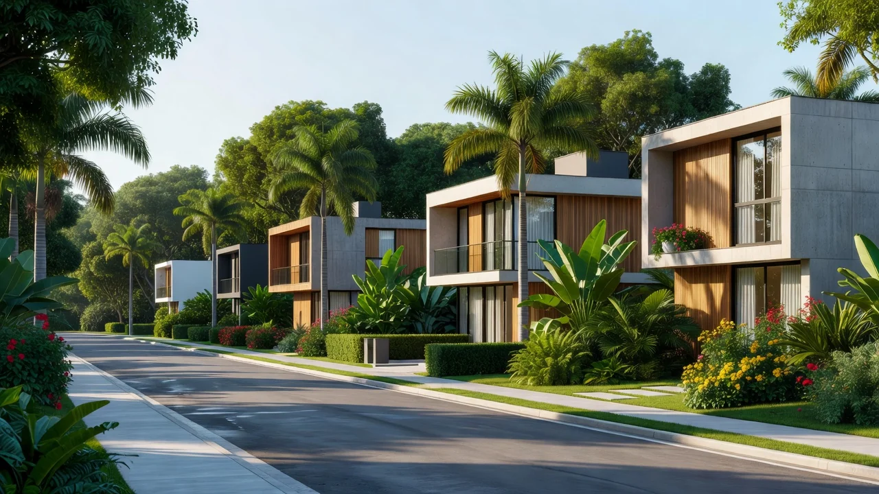 Conjunto de casas residenciais em bairro brasileiro para relatório de métricas imobiliárias