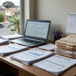 Mesa com relatórios semanais e contratos de exclusividade imobiliária