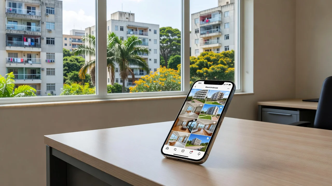 Smartphone com stories do Instagram sobre imóveis residenciais no Brasil