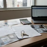 Mesa com contratos e documentos de contraproposta imobiliária em escritório brasileiro