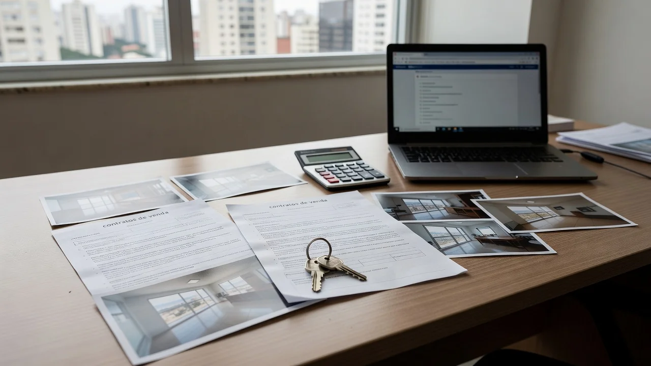 Mesa com contratos e documentos de contraproposta imobiliária em escritório brasileiro
