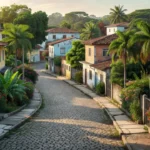Bairro residencial brasileiro com casas e ruas arborizadas para newsletter imobiliária