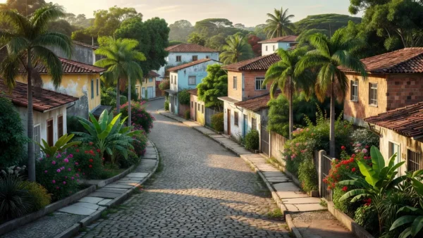 Bairro residencial brasileiro com casas e ruas arborizadas para newsletter imobiliária