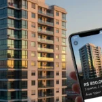 Prédio residencial em São Paulo com smartphone mostrando anúncio imobiliário otimizado para mobile