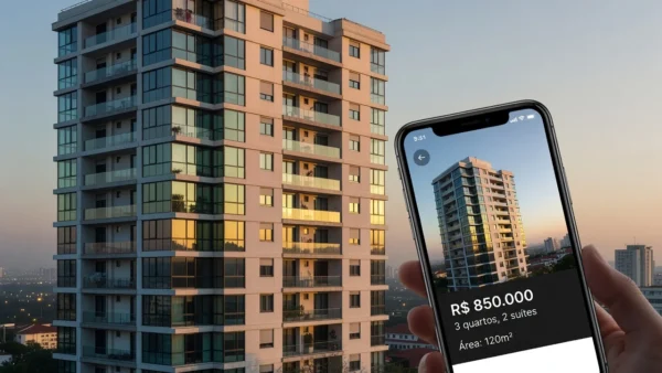 Prédio residencial em São Paulo com smartphone mostrando anúncio imobiliário otimizado para mobile
