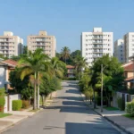 Bairro residencial brasileiro com casas e edifícios representando parcerias locais no mercado imobiliário