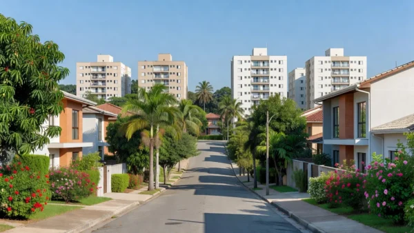 Bairro residencial brasileiro com casas e edifícios representando parcerias locais no mercado imobiliário