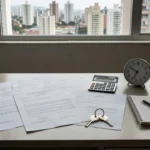 Mesa com documentos e relógio representando matriz de exclusividades no mercado imobiliário brasileiro