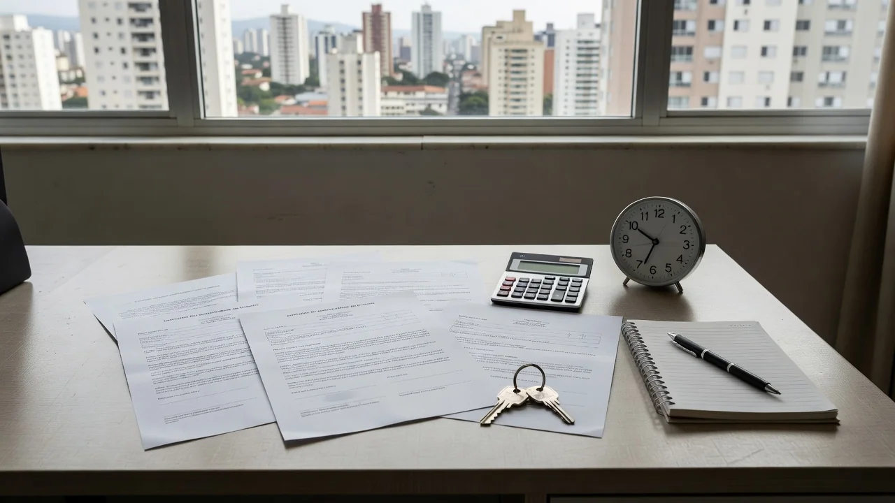 Mesa com documentos e relógio representando matriz de exclusividades no mercado imobiliário brasileiro