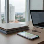 Mesa de corretor imobiliário com smartphone e documentos no Brasil