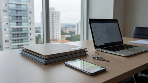 Mesa de corretor imobiliário com smartphone e documentos no Brasil