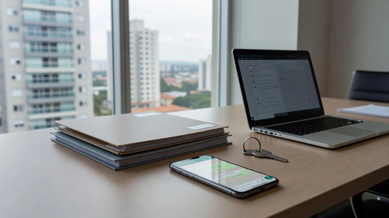 Mesa de corretor imobiliário com smartphone e documentos no Brasil