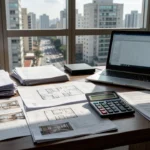 Mesa com documentos imobiliários e calculadora para cálculo de ocupação de carteira no Brasil