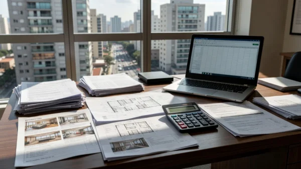 Mesa com documentos imobiliários e calculadora para cálculo de ocupação de carteira no Brasil