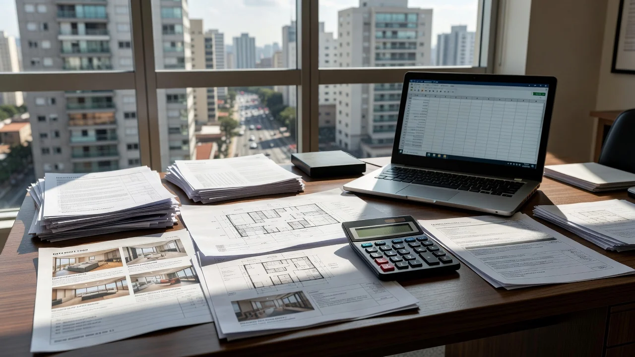 Mesa com documentos imobiliários e calculadora para cálculo de ocupação de carteira no Brasil