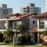 Bairro residencial brasileiro com casas e prédios para sistema de referências imobiliárias