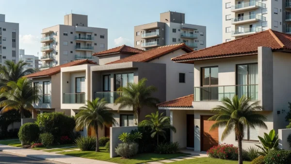 Bairro residencial brasileiro com casas e prédios para sistema de referências imobiliárias
