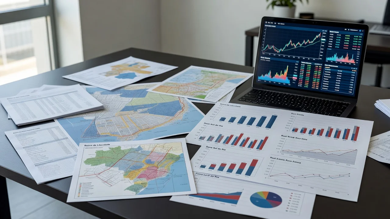 Relatórios de desempenho de bairros com mapas e gráficos para mercado imobiliário