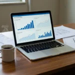 Dashboard de vendas imobiliárias com gráficos de VGV em notebook