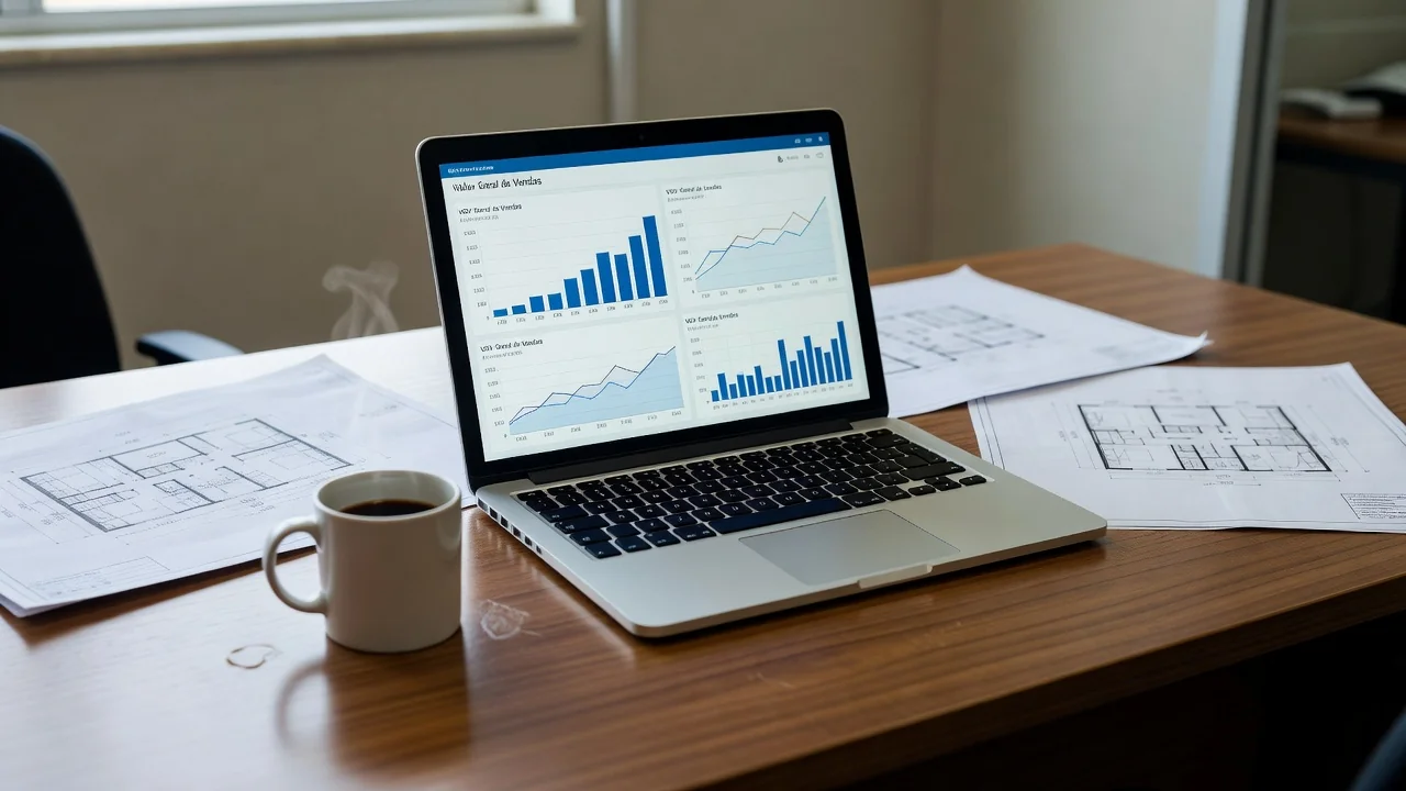 Dashboard de vendas imobiliárias com gráficos de VGV em notebook
