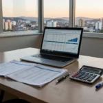 Mesa com notebook e planilha de portais imobiliários em escritório brasileiro