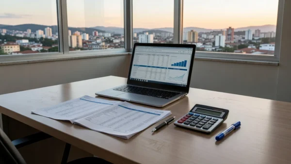 Mesa com notebook e planilha de portais imobiliários em escritório brasileiro