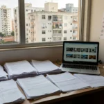 Mesa com documentos e laptop em escritório imobiliário brasileiro para follow-up de vendas
