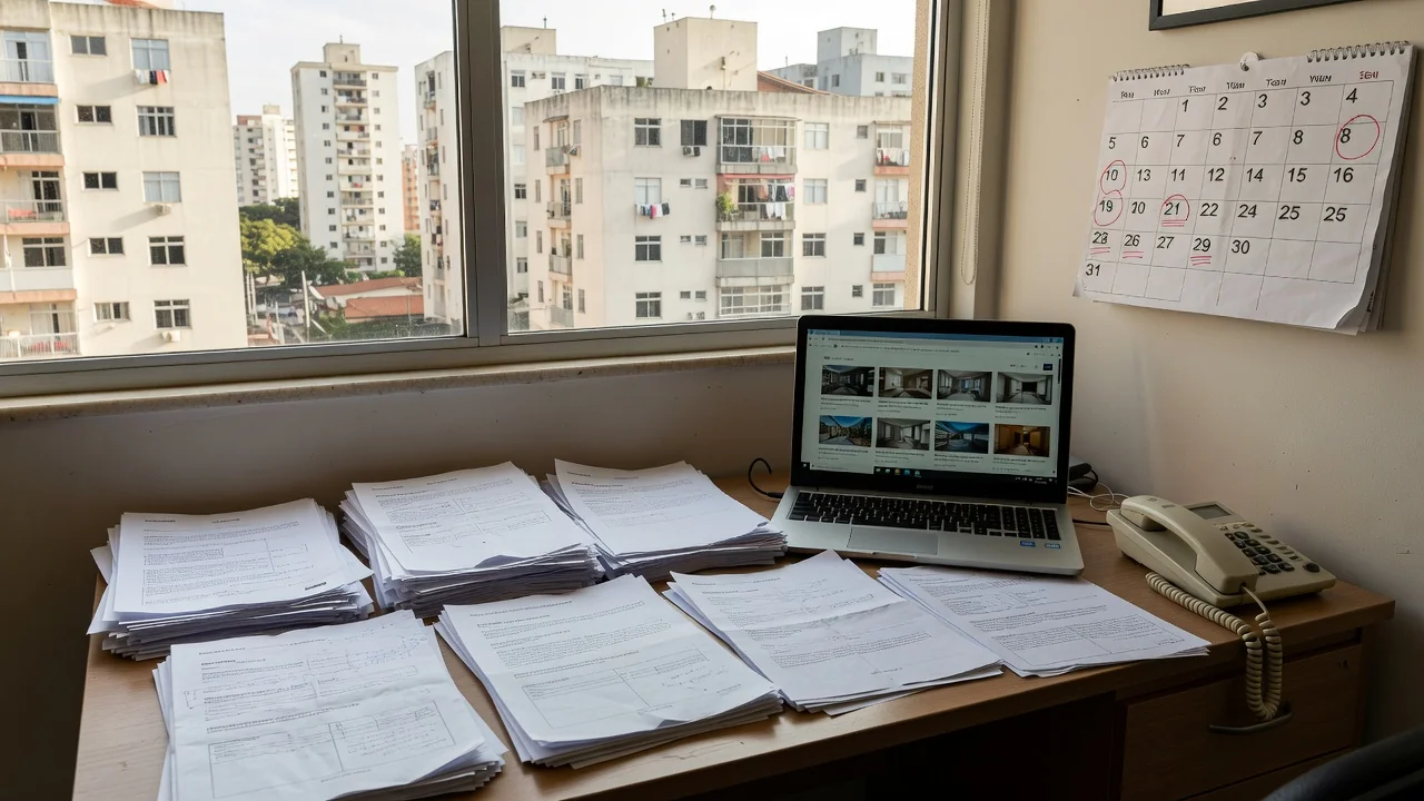 Mesa com documentos e laptop em escritório imobiliário brasileiro para follow-up de vendas