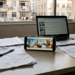 Mesa de trabalho imobiliária com smartphone para stories de bastidores e captação de proprietários