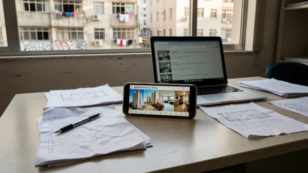 Mesa de trabalho imobiliária com smartphone para stories de bastidores e captação de proprietários