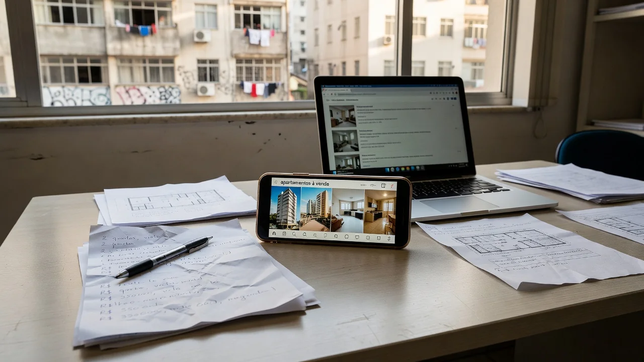Mesa de trabalho imobiliária com smartphone para stories de bastidores e captação de proprietários