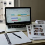 Mesa com laptop exibindo Google Calendar em escritório imobiliário brasileiro