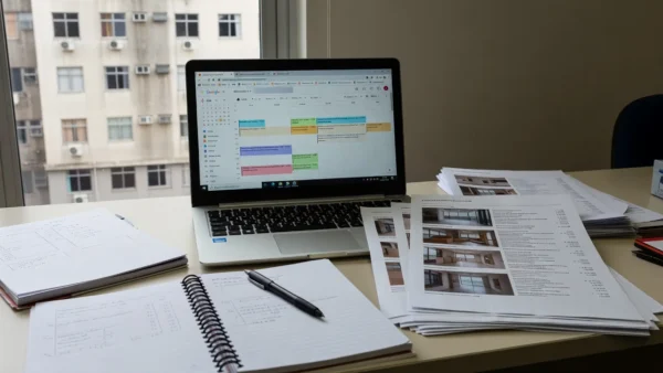 Mesa com laptop exibindo Google Calendar em escritório imobiliário brasileiro