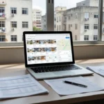 Análise de concorrência em portais imobiliários com notebook e documentos