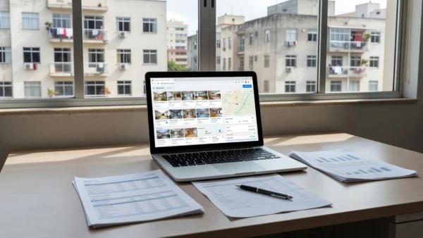 Análise de concorrência em portais imobiliários com notebook e documentos