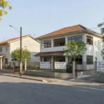Escola brasileira em bairro residencial com casas ao redor, simbolizando indicações de imóveis por pais