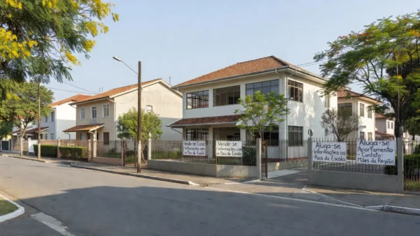 Escola brasileira em bairro residencial com casas ao redor, simbolizando indicações de imóveis por pais