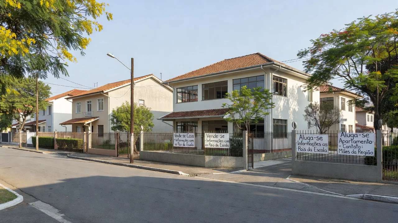Escola brasileira em bairro residencial com casas ao redor, simbolizando indicações de imóveis por pais