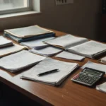 Documentos de registro de atendimento CRECI em mesa de escritório imobiliário