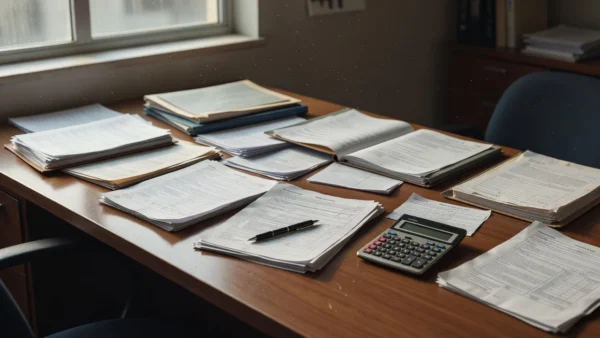 Documentos de registro de atendimento CRECI em mesa de escritório imobiliário