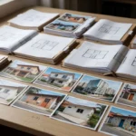 Mesa com documentos e fotos de imóveis brasileiros para classificação por velocidade de venda.