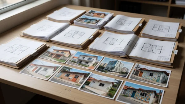Mesa com documentos e fotos de imóveis brasileiros para classificação por velocidade de venda.