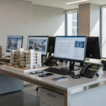Estande de vendas imobiliárias com maquetes e ferramentas de contato para qualificação de leads