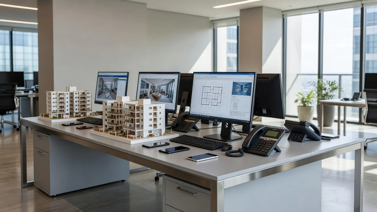 Estande de vendas imobiliárias com maquetes e ferramentas de contato para qualificação de leads