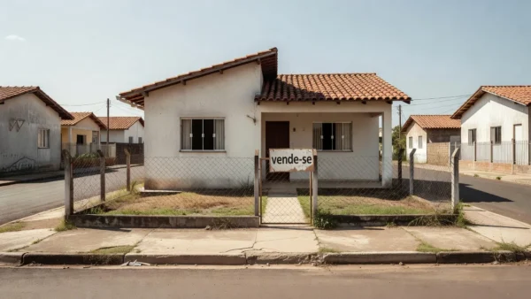Casa brasileira com placa de venda sem visitas após exclusividade imobiliária