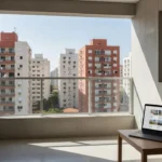 Apartamento brasileiro moderno com notebook mostrando portal imobiliário