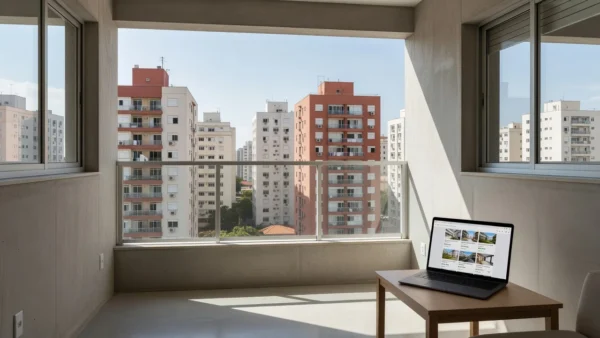 Apartamento brasileiro moderno com notebook mostrando portal imobiliário