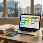 Laptop com quadro Kanban para vendas imobiliárias no Brasil