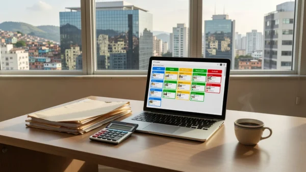 Laptop com quadro Kanban para vendas imobiliárias no Brasil