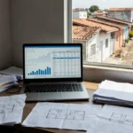 Mesa com laptop e gráficos de preços de imóveis ao lado de casas brasileiras